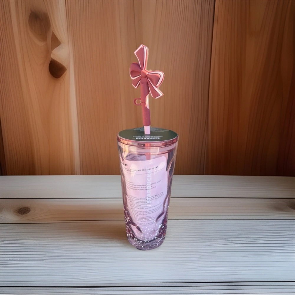 Starbucks Pink Snow Glass Holiday Bow Silicone Topper Cup Tumbler 18 Oz 2025